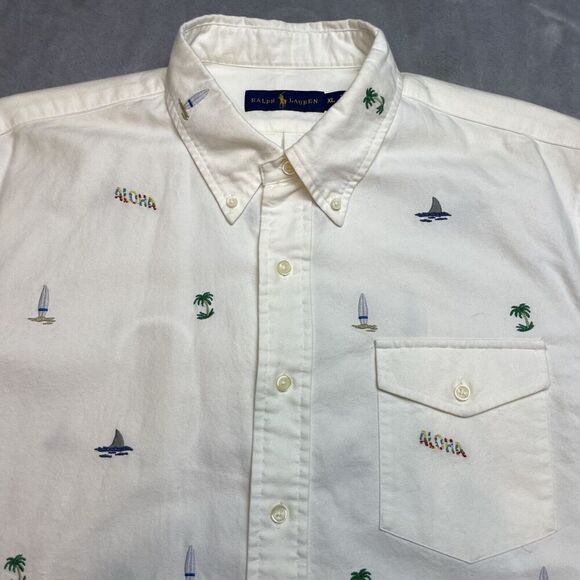 Ralph Lauren Embroidered Hawaiian Shirt Mens XL Ivory Button Down Surf Aloha NWT - Picture 1 of 13